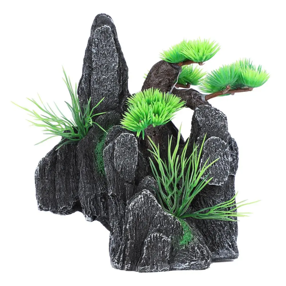 Aquarium Mountain View Stone Ornament Fish Tank Decoration with Small Plants