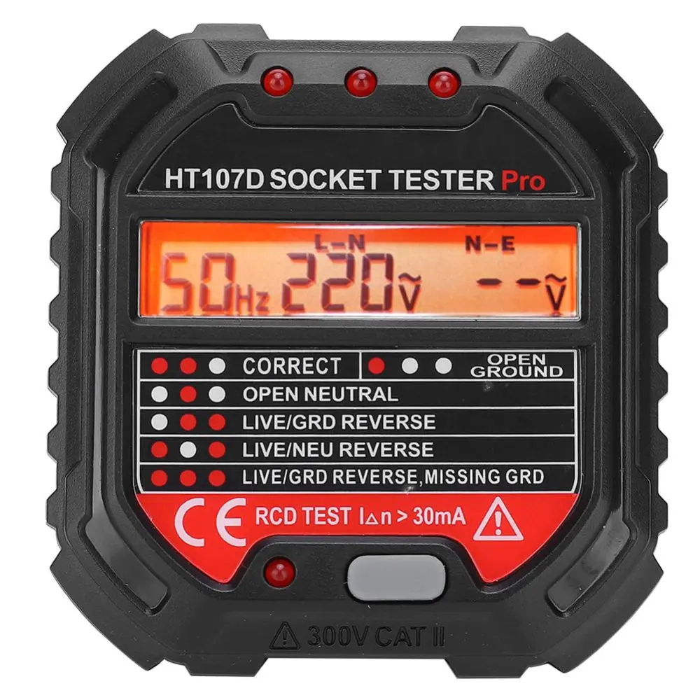 HT107D LCD Digital Display Socket Outlet Tester Mains Fault Check Tool Detector Electroscope EU 90??250V