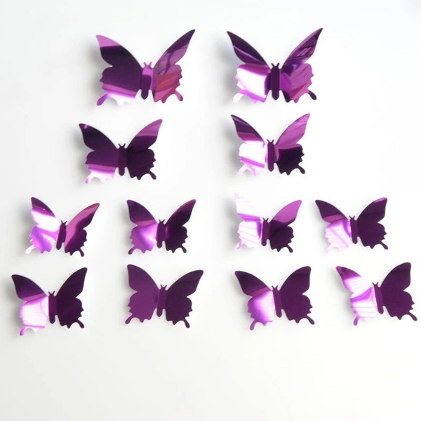 12/pack 3D Mirror Butterfly Wall Stickers Home Decoration PVC Art Decals DIY (purple)