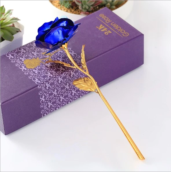 Romantic 24K Gold Foil Rose Flower for Mother's Day/Lovers/Valentine's Day (Blue with Box)