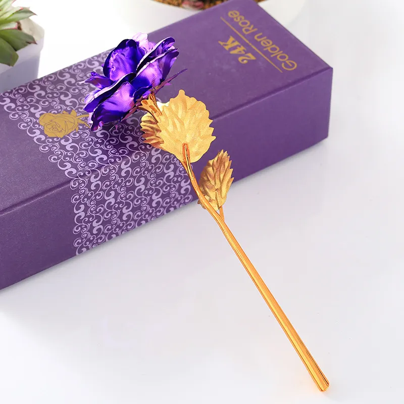 Romantic 24K Gold Foil Rose Flower for Mother's Day/Lovers/Valentine's Day (Purple with Box)