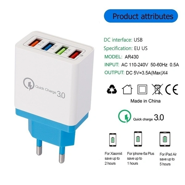 4 Port 5 Colors Quick Charge 3.0 Fast Mobile Phone Charger Wall USB Charger Adapter (White US)