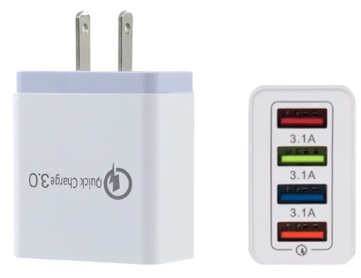4 Port 5 Colors Quick Charge 3.0 Fast Mobile Phone Charger Wall USB Charger Adapter (White US)