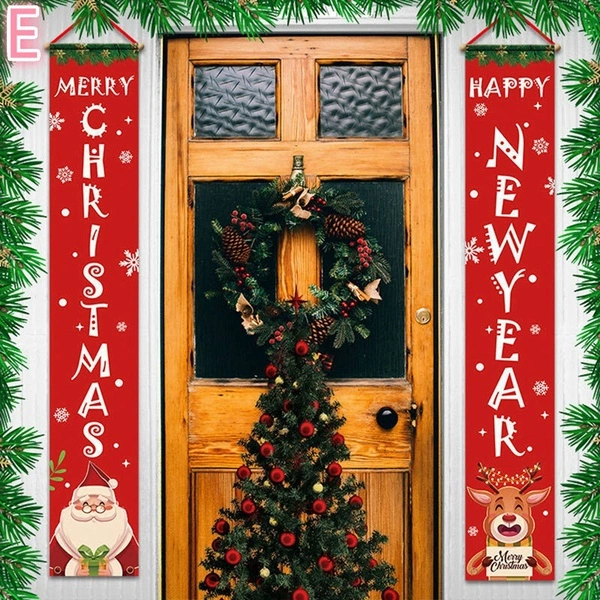 2020 Merry Christmas Porch Banner Xmas Outdoor Decoration Couplet Hanging Cloth (E)