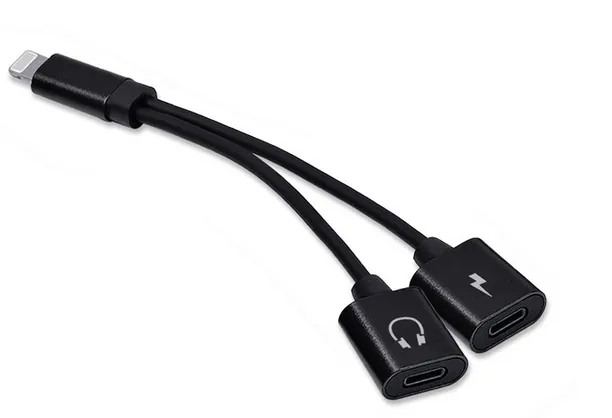 Earphone +Charging 2in1  mini double head splitter adapter cable iPhone （Black line-black shell