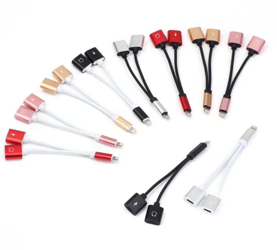 Earphone +Charging 2in1  mini double head splitter adapter cable iPhone （White line-black shell