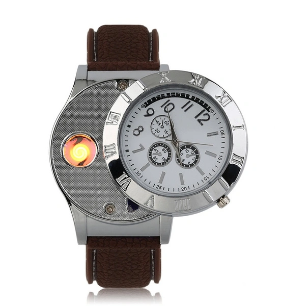 Unique Men's Quartz Watch Electronic Lighter USB Rechargeable Lighter Watch （white）