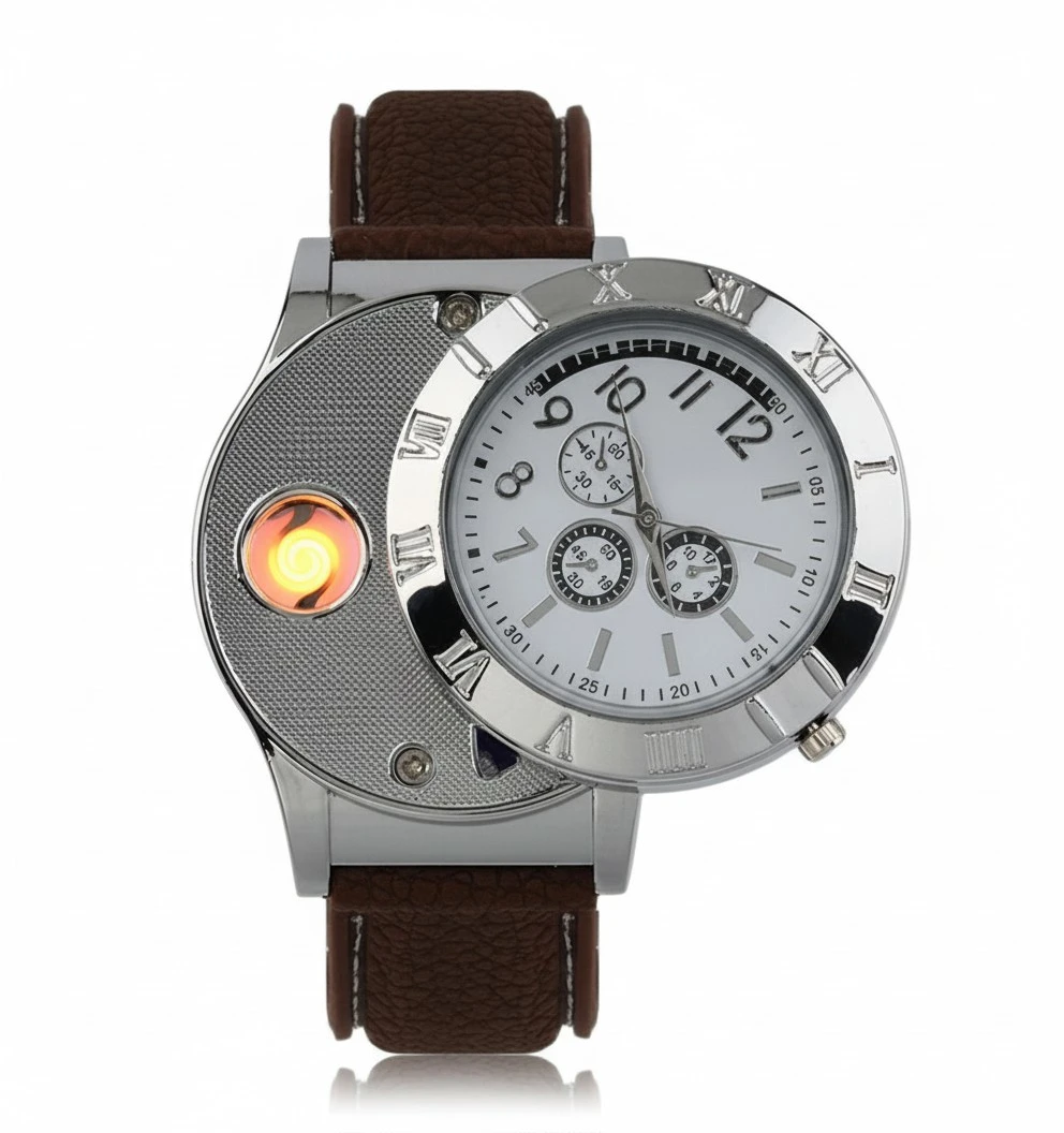 Unique Men's Quartz Watch Electronic Lighter USB Rechargeable Lighter Watch （white）