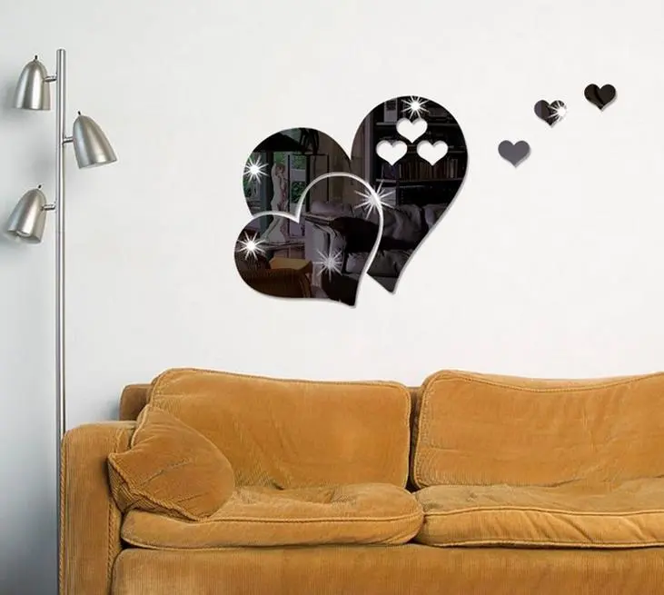 New 3D Home Art Mirror Wall Sticker Love Hearts/Lip Room Decal Mural Decor (Silver)