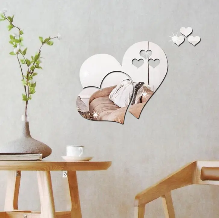 New 3D Home Art Mirror Wall Sticker Love Hearts/Lip Room Decal Mural Decor (Silver)
