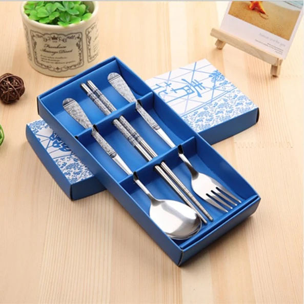 Home Kitchen Portable Picnic Stainless Steel  Fork Spoon Chopsticks Tableware Sets (Purple)