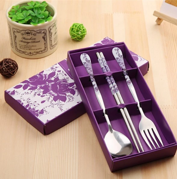 Home Kitchen Portable Picnic Stainless Steel  Fork Spoon Chopsticks Tableware Sets (Purple)