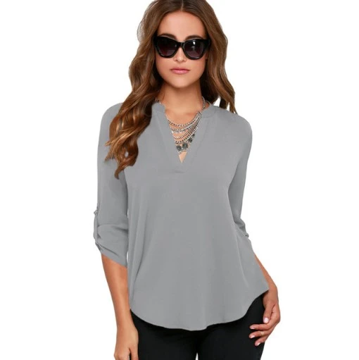 Large Size Female V Collar Long Sleeve Corrugated Sleeve Easy Shirt plus size