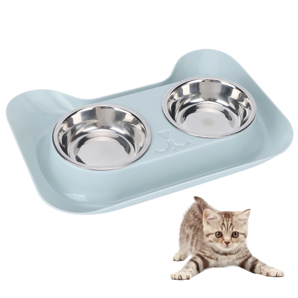 Stainless Steel Pet Cat Double Bowls Feeder Water Food Basin Feeding Supply(blue )