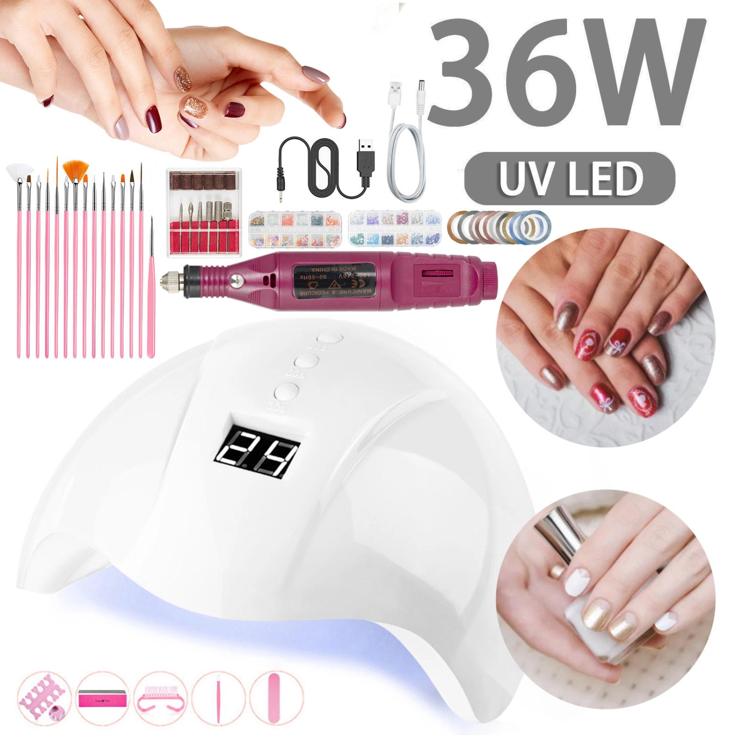 Smart Nail Lamp USB Nail Pen Nail Accessories Set Sets & Kits（white）