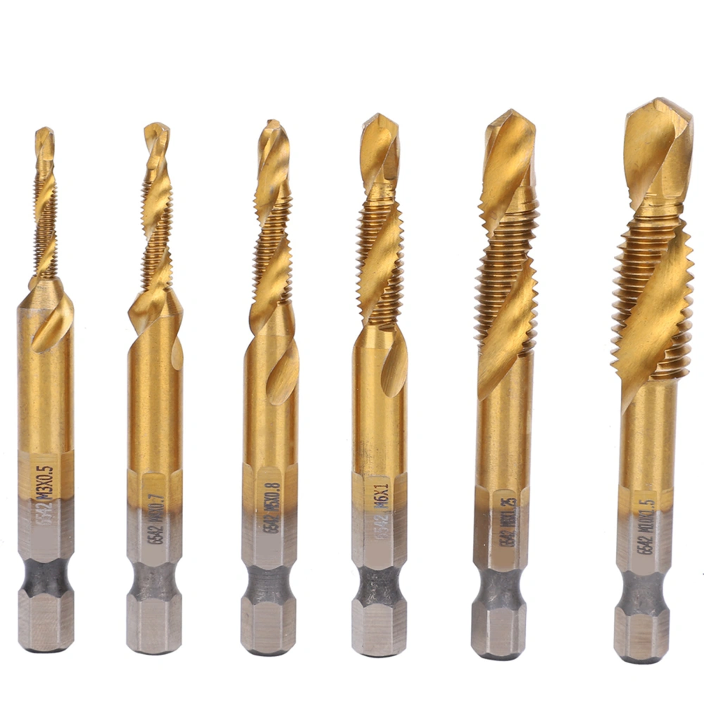 6Pcs HSS Tap Drill Bits Set High Speed Steel Titanium Coated Hex Shank Thread Hand Tool M3??M10