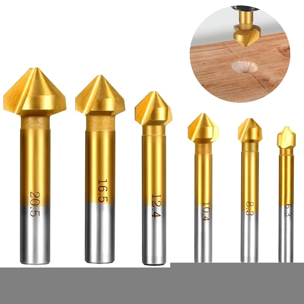 6 Pcs 90 Degree 3 Flute Titanium HSS Chamfer Chamfering Cutter Drill Bits End Mill Countersink