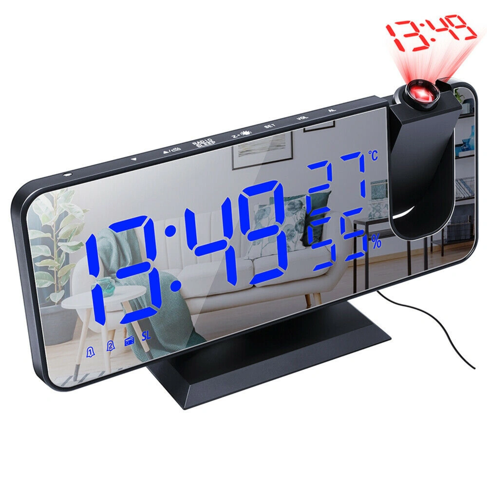 LED Digital Projection Alarm Clock FM Radio Snooze Dimmer Projector (Black and Blue Words)