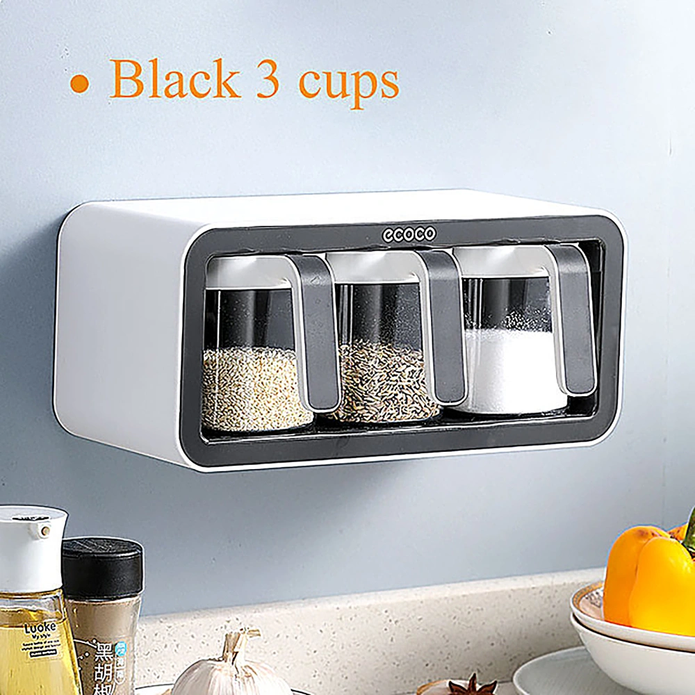 Wall Mount Spice Rack Salt Shaker Seasoning Storage Box Condiment Container (Black Three Cups)