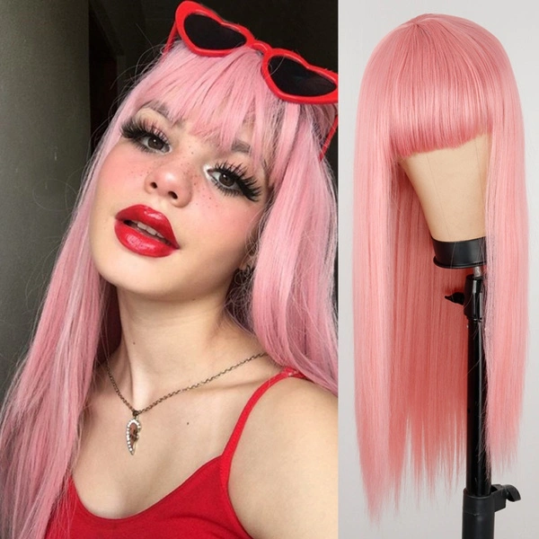 Long Straight Wig with Bangs Synthetic Hair Wigs Heat Resistant Wigs (Light Pink)