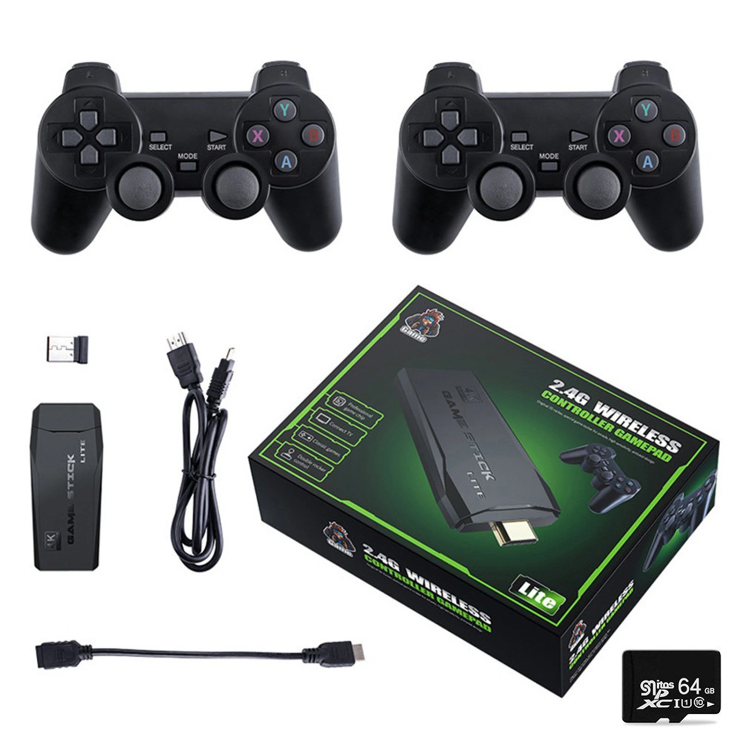4K TV Video Game Console with 2.4G Wireless Controller Retro Game Console w/2pcs Gamepad (64G)