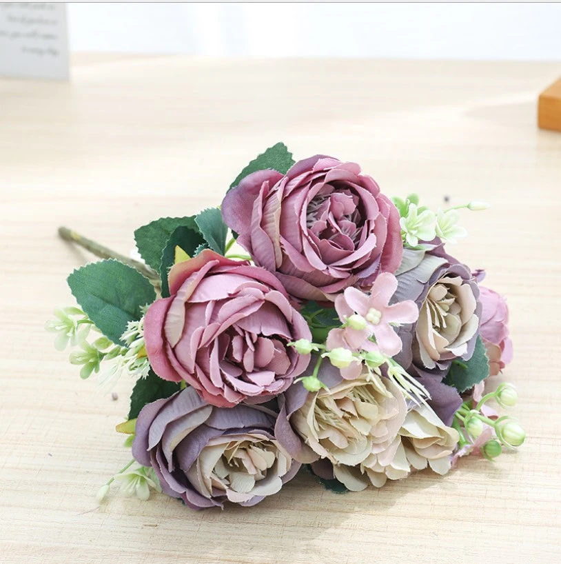 Artificial Silk Flowers 7 Heads Fake Rose Bouquet Simulation Plants for Home Decoration(Purple)