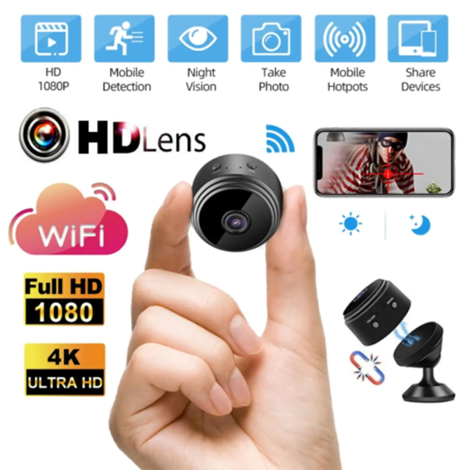 HD 1080P Mini Wireless Camera WiFi IP Home Security Camcorder DVR Night Vision Cam (White)
