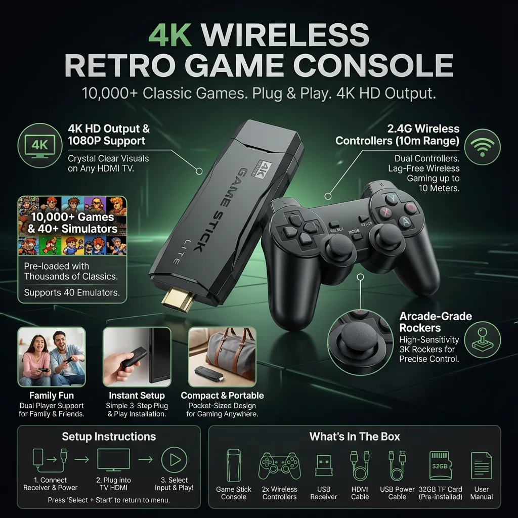 4K TV Video Game Console with 2.4G Wireless Controller Retro Game Console w/2pcs Gamepad (32G)