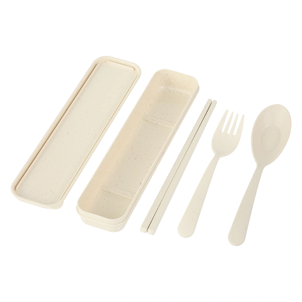 3pcs Wheat Straw Chopsticks Spoon Fork Set w/Storage Box Portable Tableware Dinnerware (Beige)