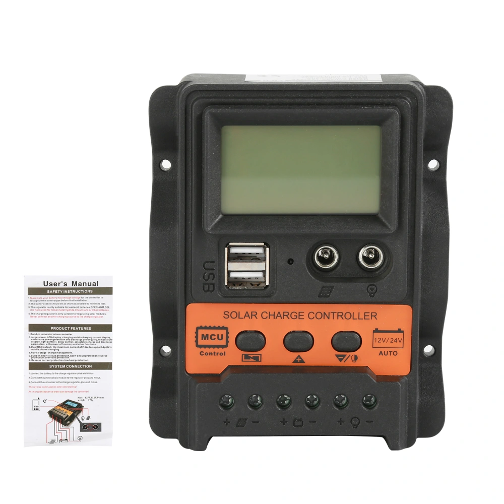 PWM Solar Charge Controller w/LCD 12V 24V 30A Dual USB 5V Output Solar Panel Charger Regulator