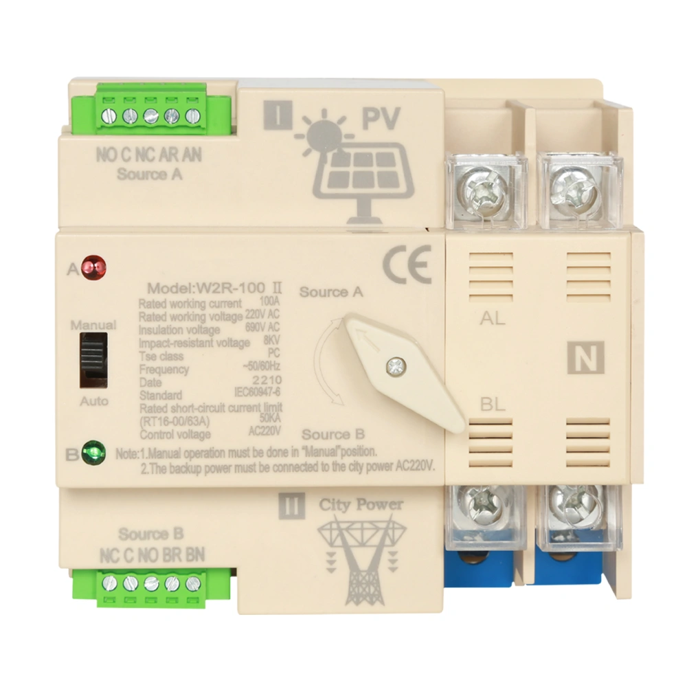 GEYA Solar Power Automatic Transfer Switch Din Rail 2P 100A 220V PV System Power to City Power