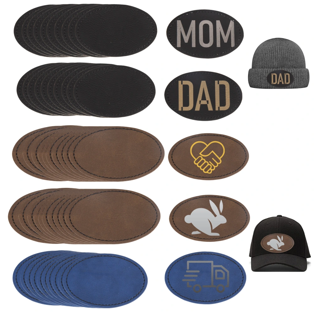 50pcs Laserable Leatherette Oval Patch 3"x2" Self Adhesive Faux Leather Patches for Hat Clothes