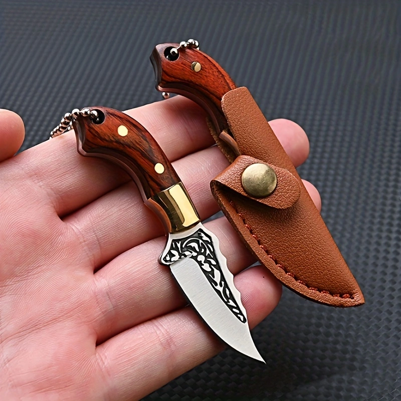 1pc Brass Wood Small Straight Knife, Sharp Self-Defense Fruit Knife For Meat, Unpacking Express, Knife Keychain Pendant