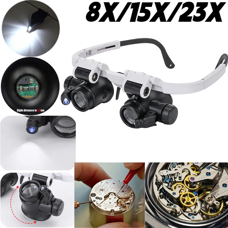 8X/15X/23X Telescopic Jeweler Magnifier Loupes 2 LED Light Lens For Precision Work Eyewear Reading Watchmaker