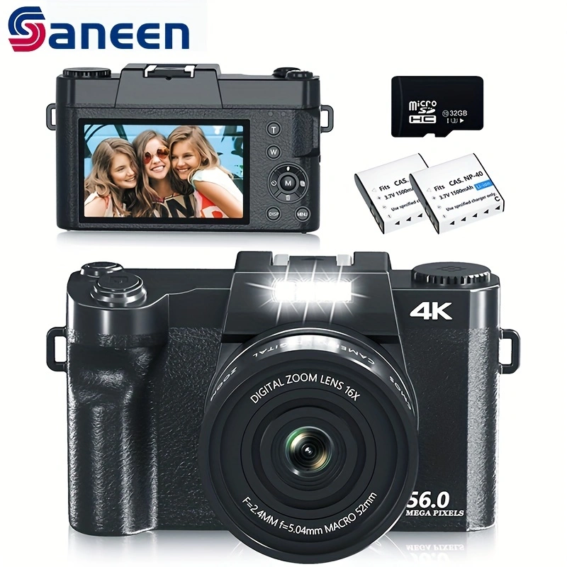 Digital Camera 4K 56MP 3.0Inch Screen Vlogging Camera Supports 16x Digital Zoom And Autofocus Portable Cameras With 2 Batteries And One 32GB Mirco Card For Beginner(Black)