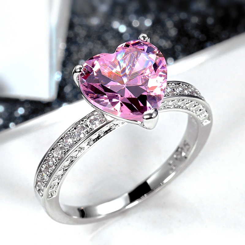 New Wedding Ring Set with AAA Heart shaped Pink Diamond Zircon Ring