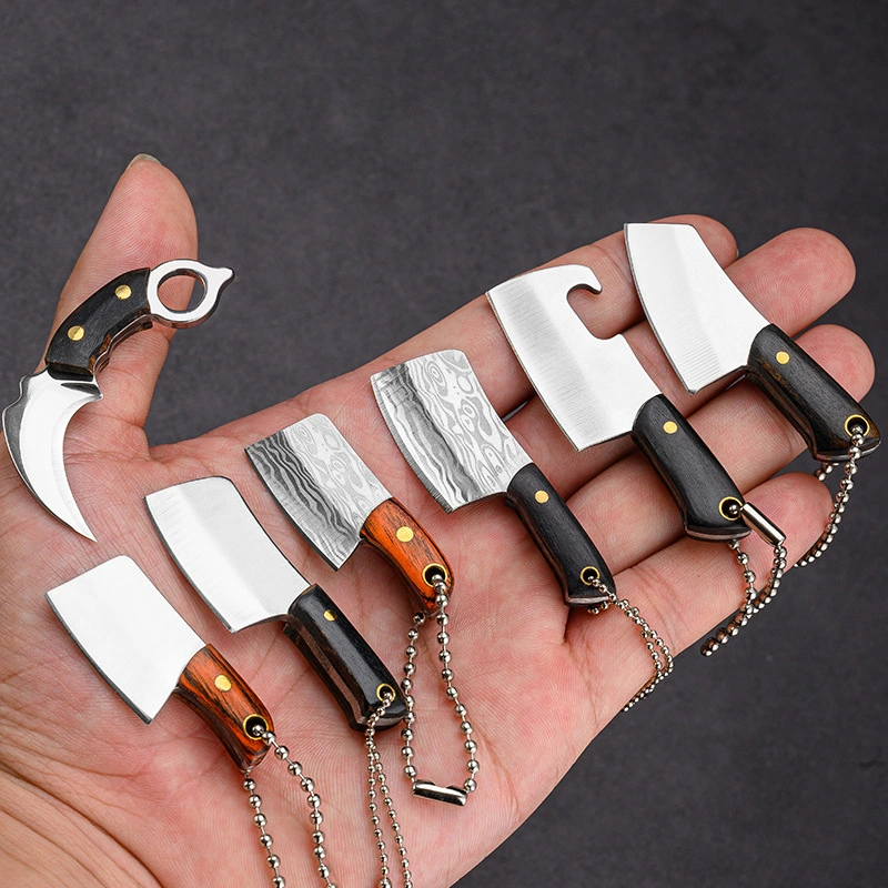 MINI 440 Stainless Steel Axe Hatchet Pocket Knife EDC Full Tang Wood Handle Gift with Sheath Keyring