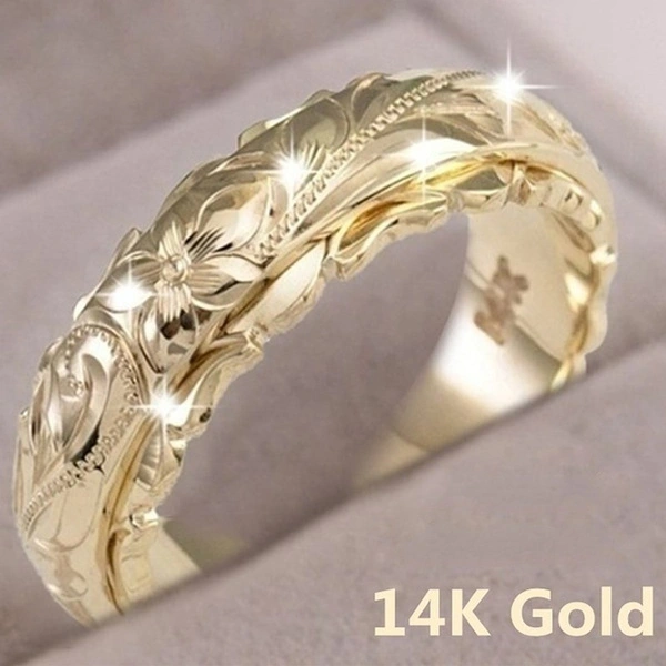 Classic Elegant Women's 14k Yellow Gold Ring Hand Engraving Hanging Flower Ring Anniversary Gift Bridal Wedding Engagement Ring