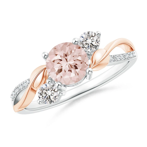 Exquisite Two Tone 18K Solid Rose Gold Floral Ring Round Morganite White Sapphire Gemstone Crystal Jewelry Anniversary Proposal Gift Party Engagement Wedding Band Rings Size 6 7 8 9 10