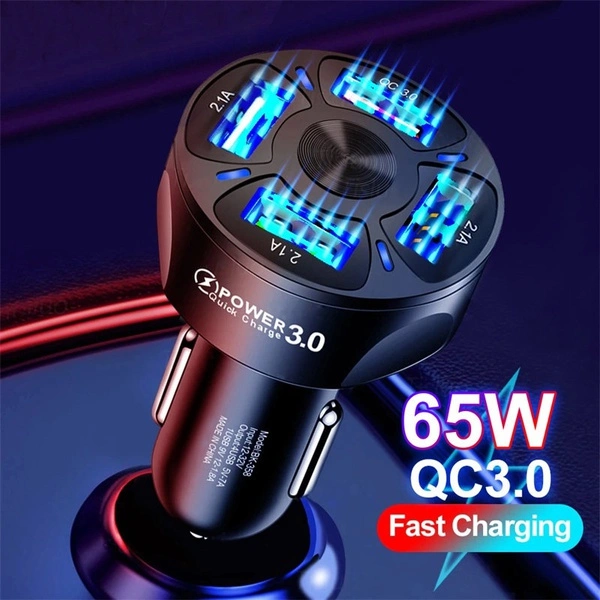 4-Port 65W USB Car Charger 3.0 Fast Mobile Phone Charger Adapter Compatible with iPhone Android Mobile