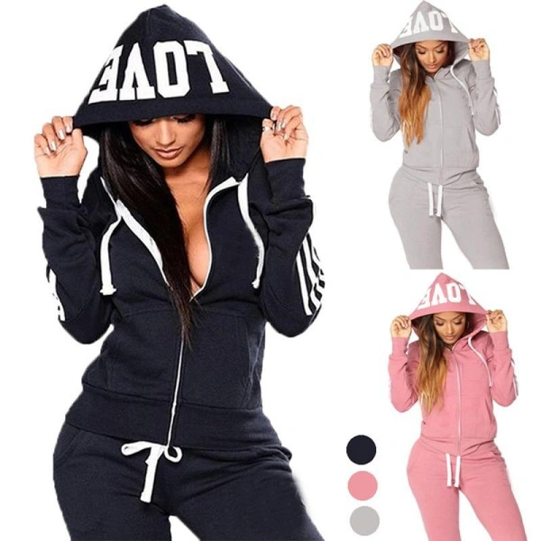 Hot Sale Sports New Women's Color Contrast Sports Suit Hoodie and Trousers Suit Zipper Hoodie Top+trousers 2-piece Suit