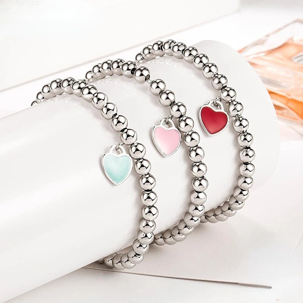 925 Sterling Silver Bracelet Romantic Fashion Round Beads Heart Enamel Woman Bracelet Charm Jewelry