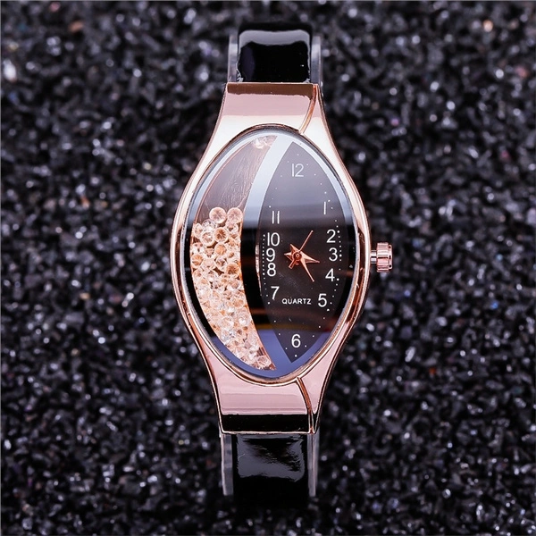 Elegant Women Crystal Oval Dial Quartz Wrist Watches Lady Leather Strap Casual Watch Gift