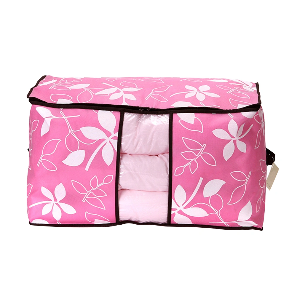 Collapsible See-through Quilt Storage Bag Flower Printed Portable Organization (Pink)