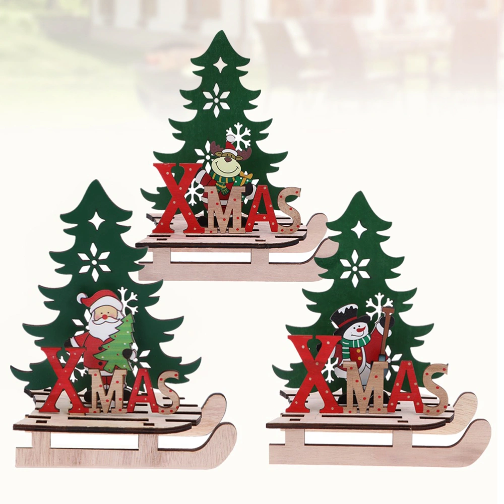 3pcs Christmas DIY Wooden Ornaments Santa Claus Snowman Elk Assembled Sleigh Decor - Size S