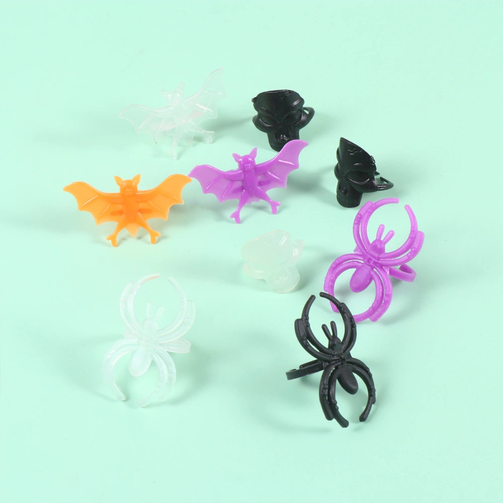 60pcs Plastic Finger Ring Bat Spider Skull Patterned Ring Halloween Party Favors for Decorating Colorful