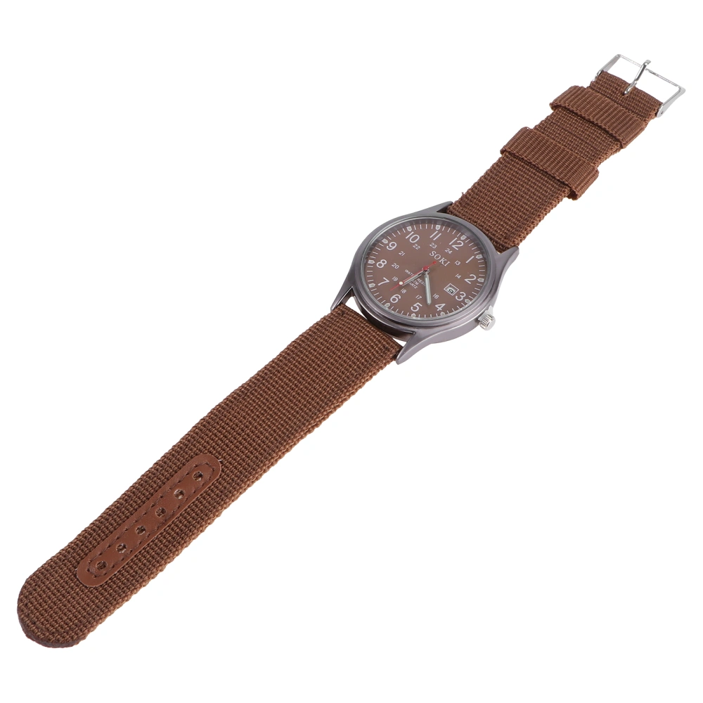 1Pc Fashion Men Quartz Watch Calendar Dial Canvas Band Wrist Watch Durable Male Watch (Brown)