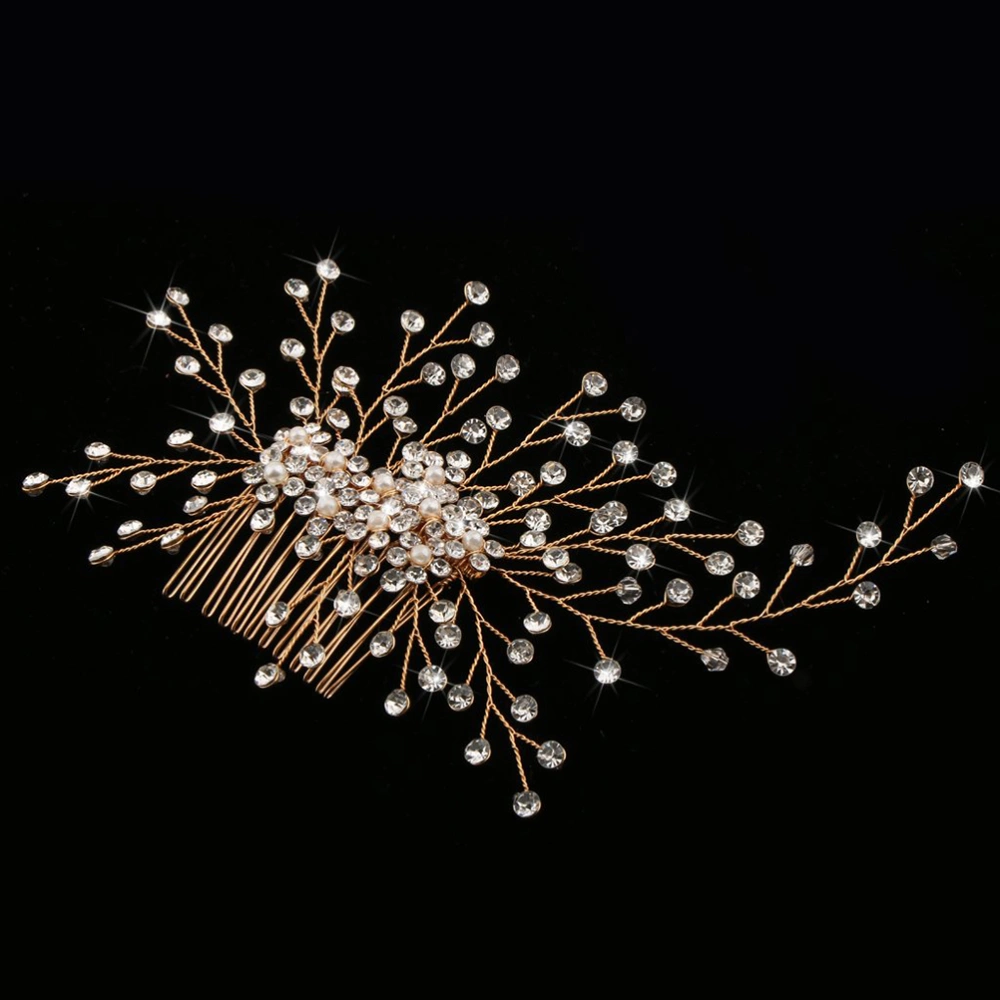 Handmade Diamante Shiny Hair Comb Bridal Pearl Headwear Wedding Rhinestone Hair Accessories Hairpin Jewelry Gift for Women Decoration (Golden)