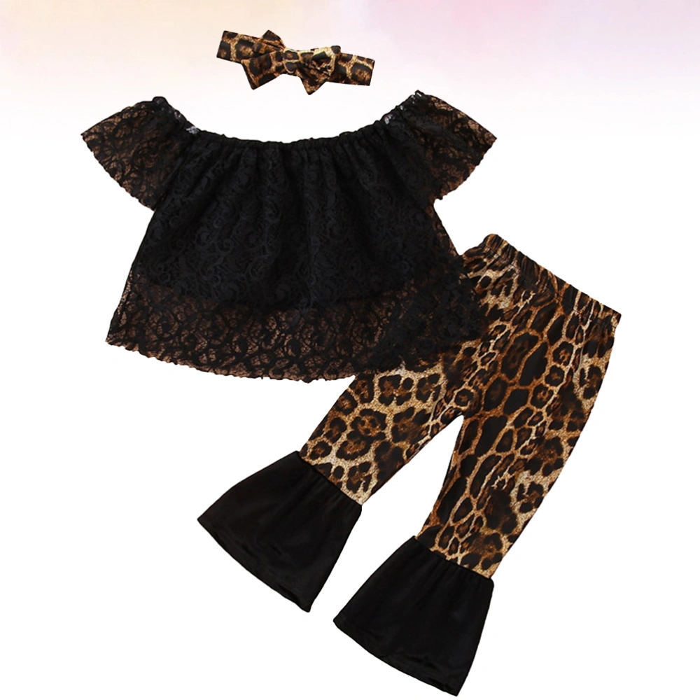 Kids Black Lace Clothes Suit Leopard Outfits Children Short Sleeve Shirt and Bellbottoms for Girls Babies (110cm)