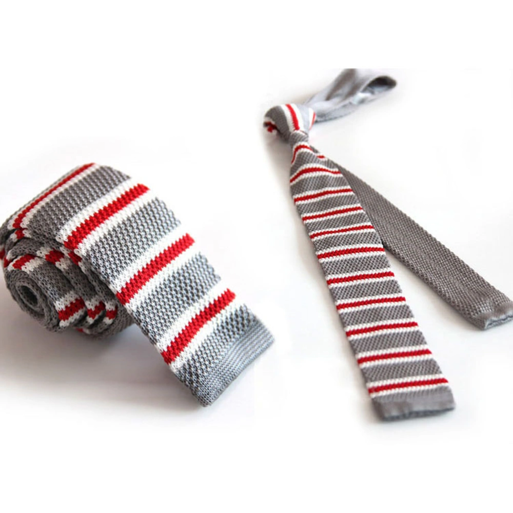 Men Stripe Style Slim Narrow Cotton Necktie Tie (Grey+White+Red)